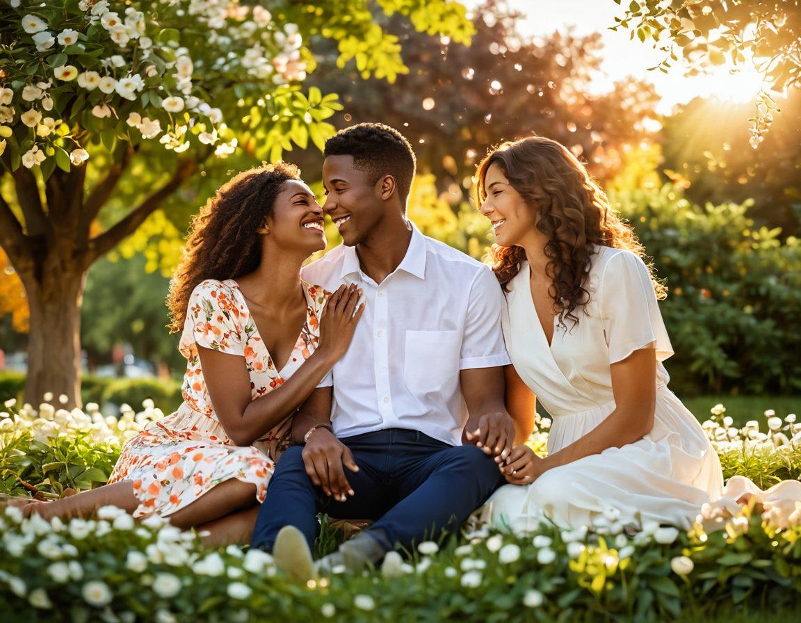 A serene couple sitting in a sunlit park, sharing laughter while surrounded by blossoming flowers and vibrant greenery, symbolizing emotional connection. In the background, a warm sunset casts a golden glow, enhancing their joyful expressions. Heart-shaped leaves gently float down, representing deeper love and relationships. super-realistic. vibrant colors. soft-focus background.