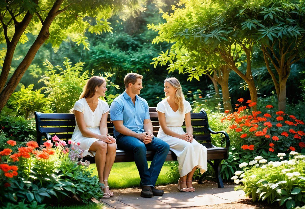 A serene garden scene depicting two people sitting on a bench, deeply engaged in conversation, surrounded by blooming flowers and lush greenery. Soft sunlight filters through the leaves, creating a warm and inviting atmosphere. In the background, diverse couples can be seen joyfully interacting, symbolizing connection and happiness. The color palette should be warm tones to evoke feelings of joy and intimacy. super-realistic. vibrant colors.