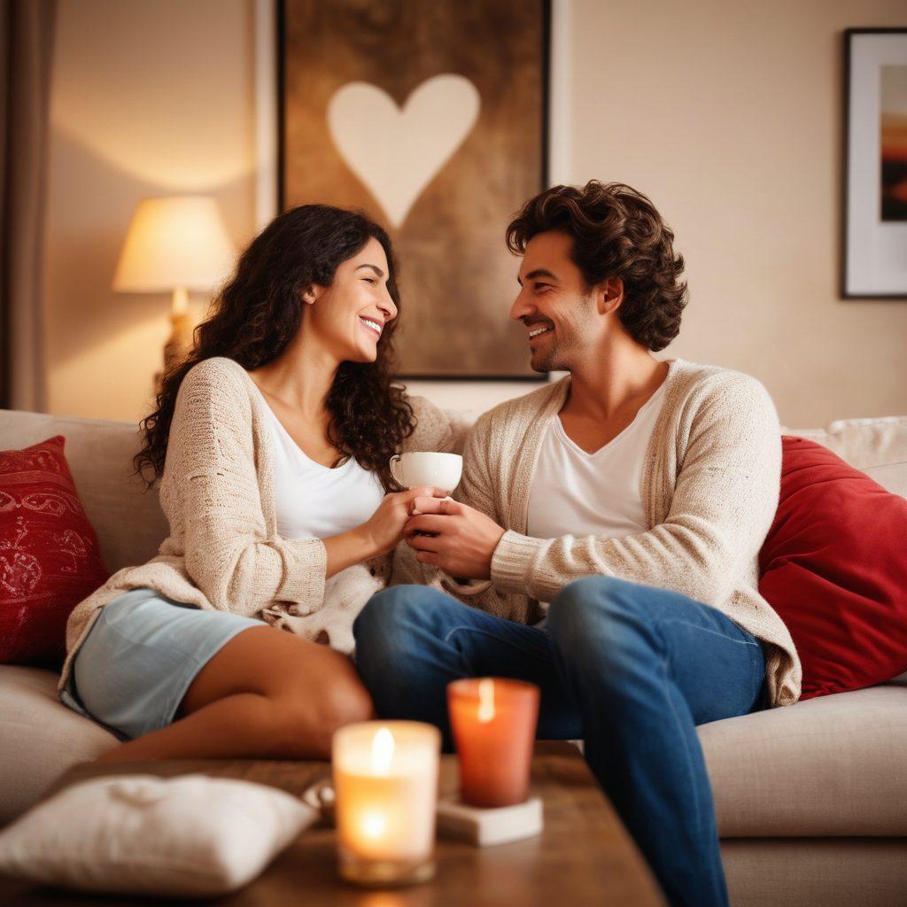 A beautiful couple sitting on a cozy sofa, smiling and sharing a deep conversation, surrounded by warm lighting and soft pillows. In the background, a heart symbol subtly blends into a soft-focus, symbolizing trust and intimacy. Include elements like a steaming cup of tea on a table to enhance the atmosphere of comfort and connection. dreamy ambiance. warm colors. soft focus.